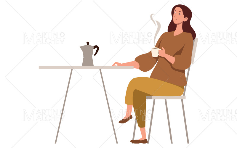 Ilustração vetorial de mulher bebendo café