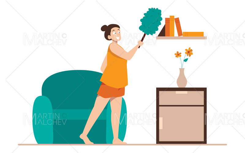 Ilustração vetorial de mulher limpando o pó em casa