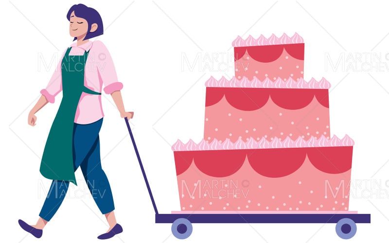 Woman Pulling Cake Vector Illustration