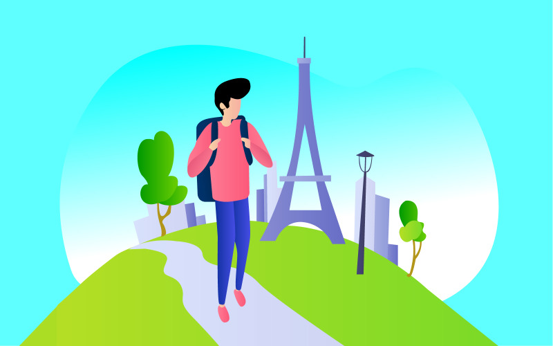 男孩独自在大自然中旅行免费插画概念