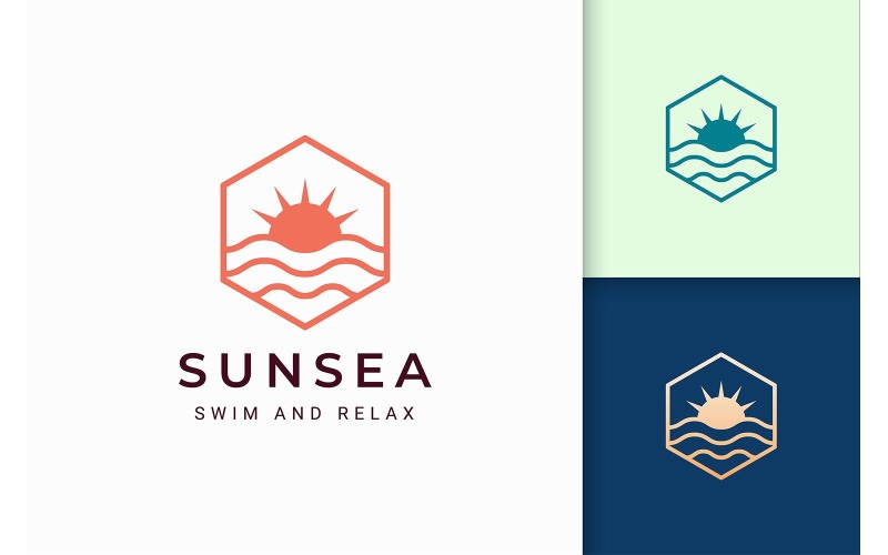 Modèle de logo hexagonal soleil mer