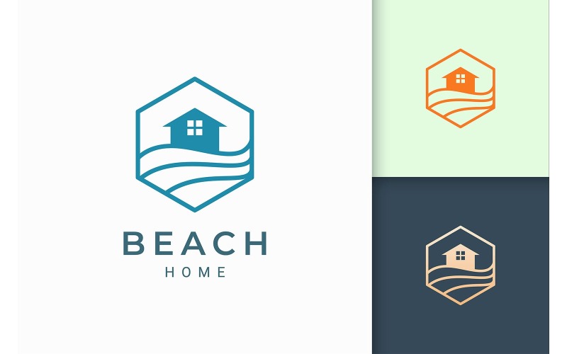 Шаблон логотипа Home Beach в шестиугольнике