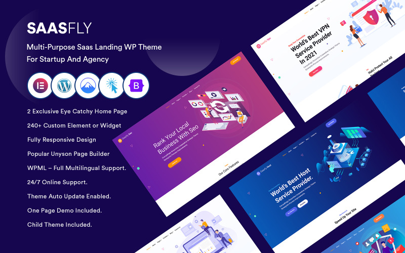 Saasfly - Multifunctioneel Saas Landing WP-thema voor opstarten en agentschap