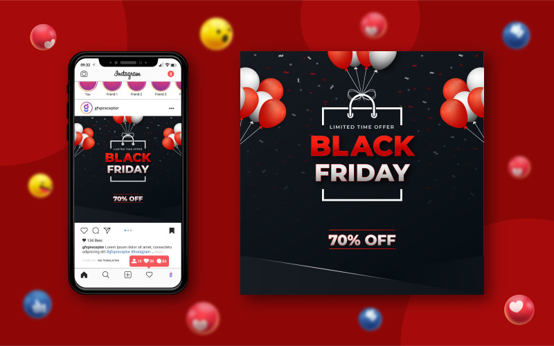 Design de banner de venda de mídia social da Black Friday com balões e confetes
