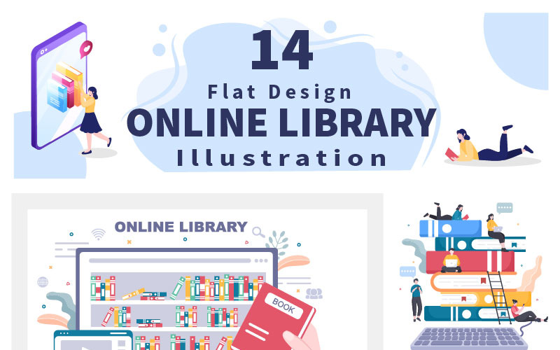 14 Online Kütüphane Dijital Eğitim İllüstrasyon