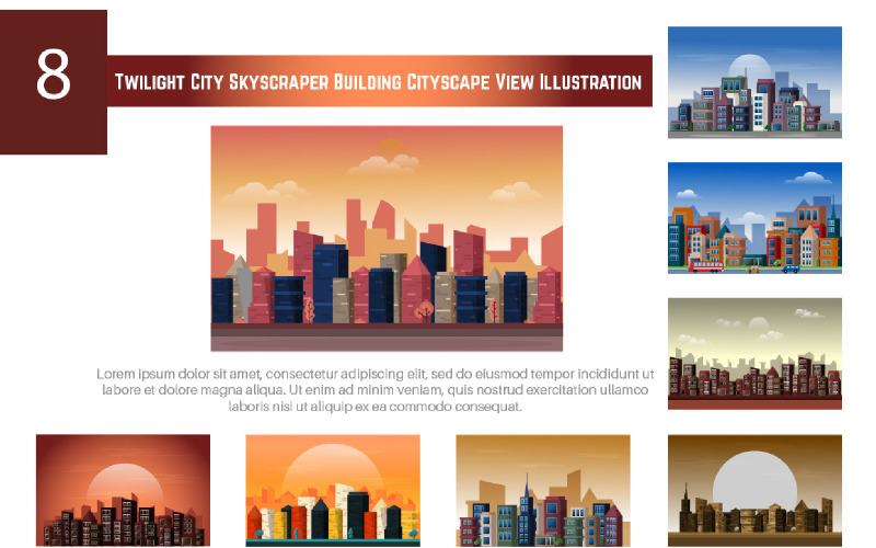 8 Twilight City Skyscraper Building Cityscape Ilustração