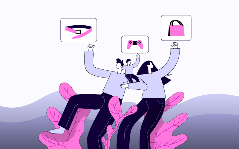 快乐家庭购物在线时装店插画概念向量