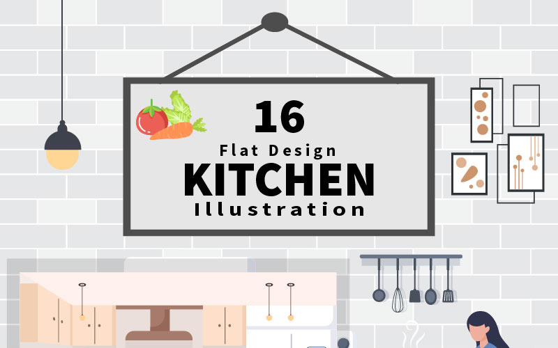 16 kök rum med möbler bakgrund vektor illustration
