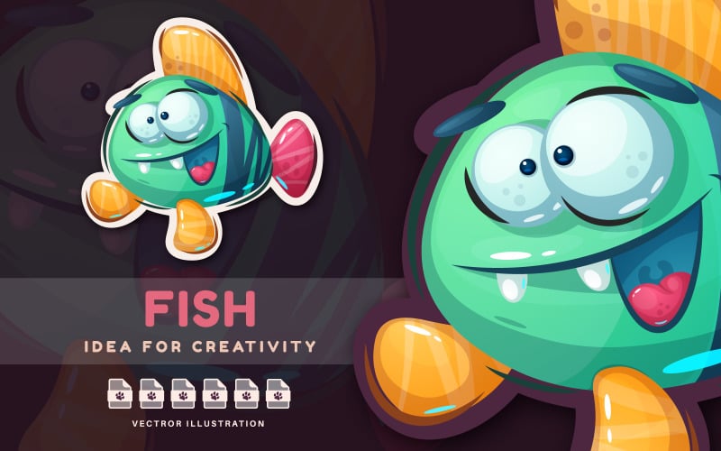 Crazy Fish te da la bienvenida: linda pegatina, ilustración gráfica