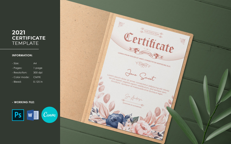 Modèle de certificat d'appréciation florale. Canva, Word et Psd