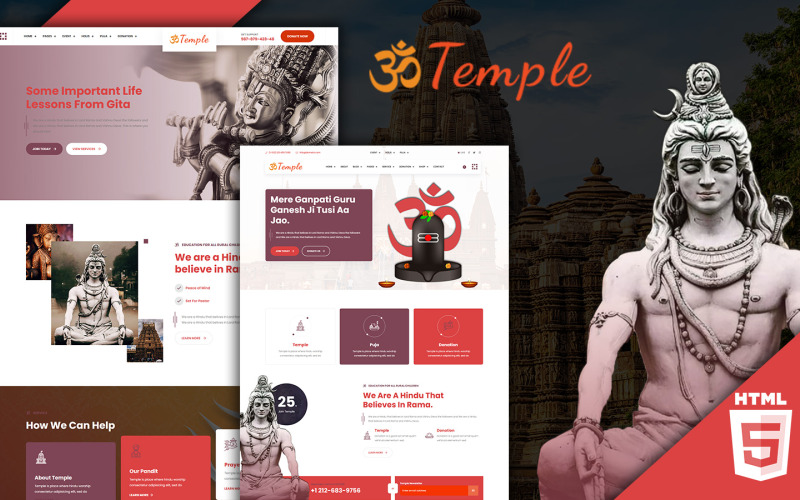 Modello di sito Web HTML5 religioso Hindu Mandir