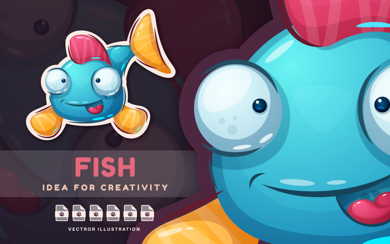 Tecknad karaktär Animal Fish - Söt klistermärke, grafisk illustration