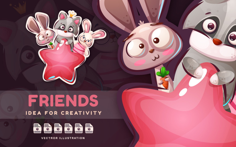 Енот, кролик и кролик - милый стикер, графическая иллюстрация