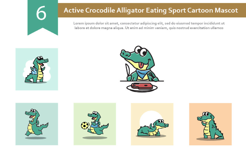 6 Aktív krokodil alligátor étkezési sport rajzfilm kabalája illusztráció