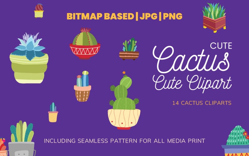 Cactus 14 Clipart Illustration Set Plus Seamless Pattern