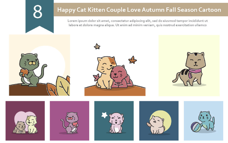 8 glückliche Katze Kätzchen Paar Liebe Herbst Herbst Saison Cartoon Illustration