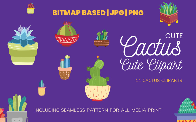 Kaktus 14 Clipart-Illustrations-Set plus nahtloses Muster