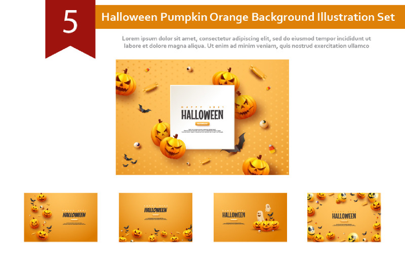 5 set di illustrazioni di sfondo arancione zucca di Halloween
