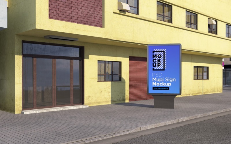 街道模型 3d 渲染模板上的 mupi 广告牌