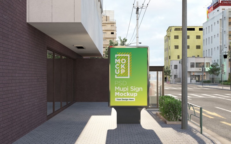 Maquette de panneau d'affichage de panneau publicitaire de rue de Mupi au rendu 3d de ville