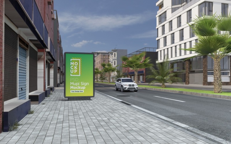 Mupi de rua sinaliza maquete de publicidade em renderização 3D da cidade