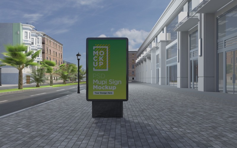 Panneau d'affichage Mupi au modèle de rendu 3d de la rue de la ville
