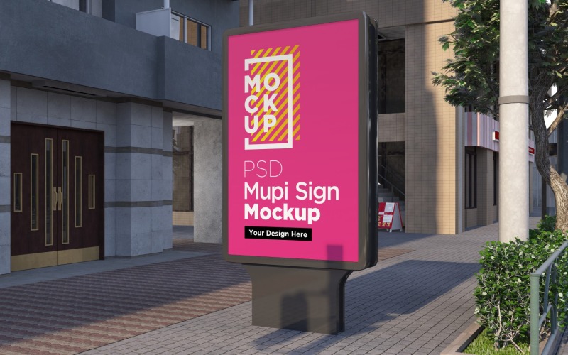 panneau d'affichage publicitaire mupi sur la rue de la ville au modèle de conception de rendu 3d du soir