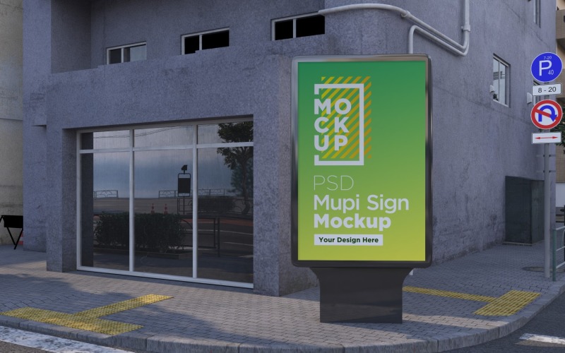 panneau publicitaire mupi sur la rue de la ville au modèle de rendu 3d du soir