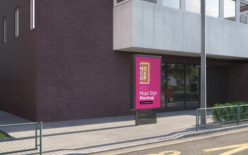 Sinal de mupi, anunciando maquete de outdoor horizontal na cidade, modelo de design de renderização em 3D
