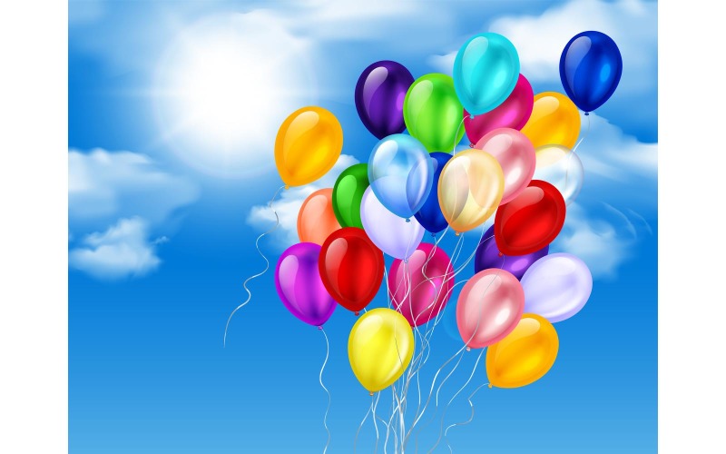 五颜六色的气球束在天空逼真的矢量图概念