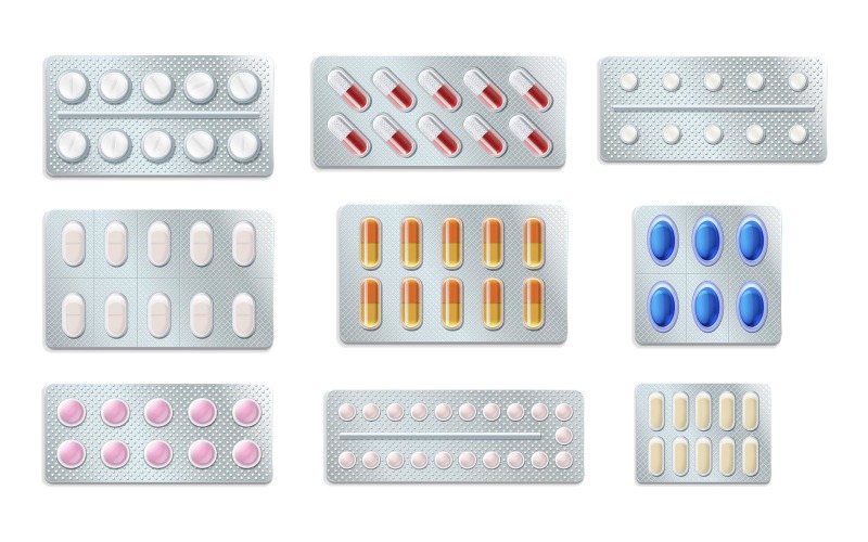 Pillole Compresse Capsule Blister Insieme Realistico Illustrazione