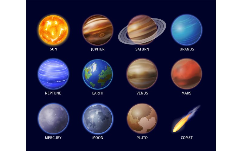 Realistisches Weltraum-Planeten-Set-Vektor-Illustrations-Konzept