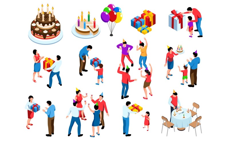 Izometrikus Happy Birthday Party készlet vektoros illusztráció koncepció