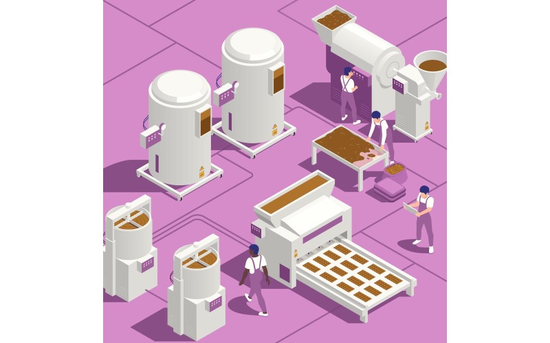 Chocolate Production Manufacture Isometric 2 Vector Illustration Concept