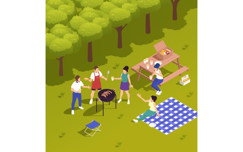 Pique-nique familial Barbecue isométrique 2 Vector Illustration Concept