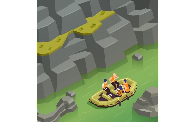 Rafting Kanoistika Kayaking Izometrické 3 Vektorové Ilustrace Koncept