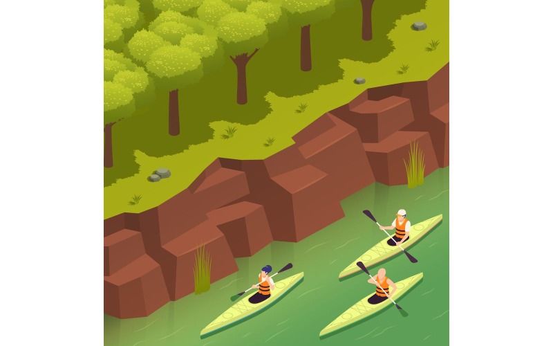 Rafting, piragüismo, kayak, isométrico, 2, vector, ilustración, concepto