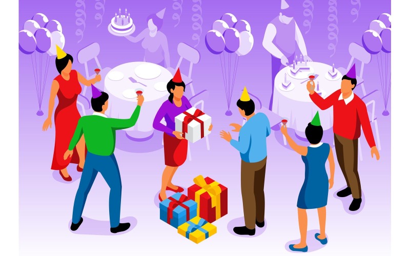 Illustrazione isometrica di vettore dell'illustrazione degli adulti della festa di compleanno Concept