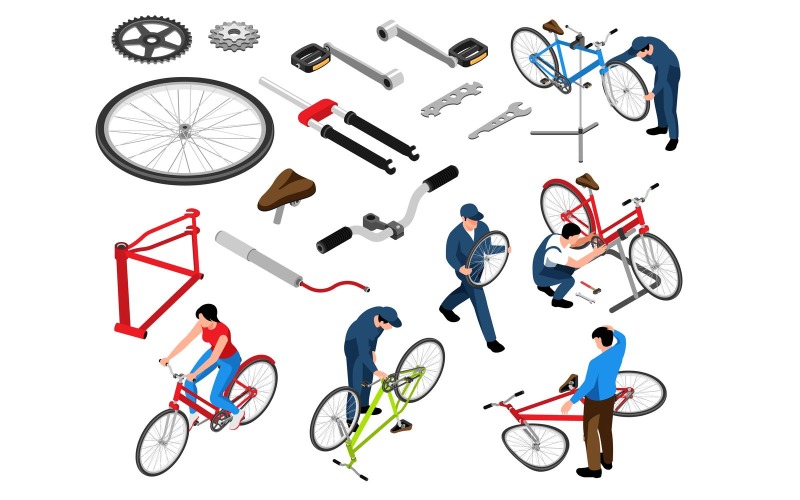 Isometric Bicycle Repair Set Vector Illustration Concept