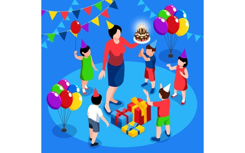 Isometric Birthday Party Children Illustration Vector Illustration Concept