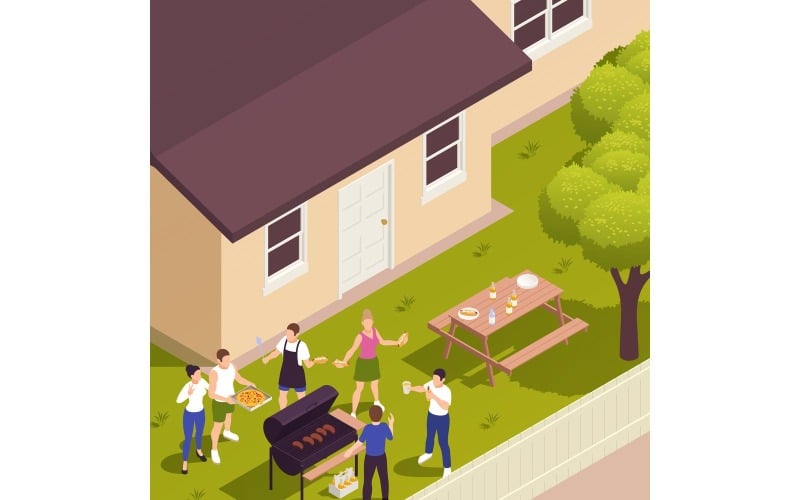 Aile Pikniği Barbekü İzometrik 3 Vektör Çizim Kavramı