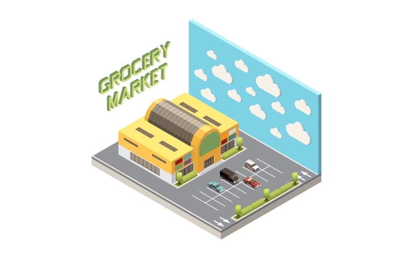 Centre commercial, supermarché, bâtiments, isométrique, 2, vecteur, illustration, concept