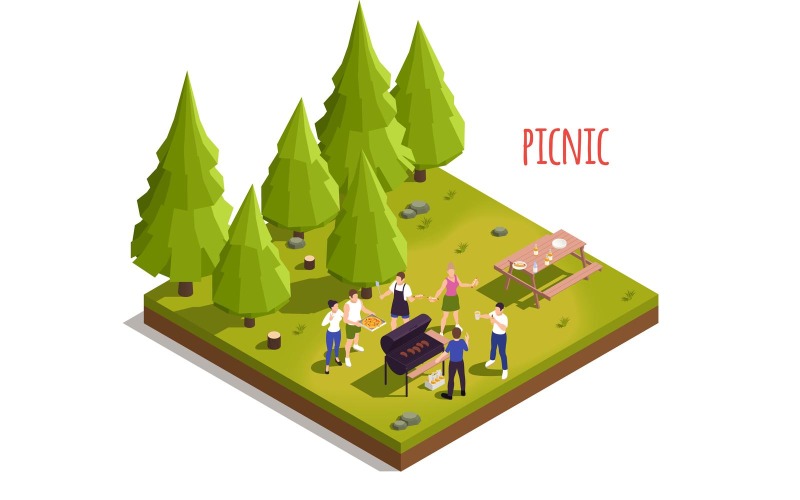 Familj picknick grill isometrisk 4 vektor illustration koncept