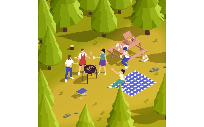 Family Picnic Barbecue Isometric 5 Vector Illustration Concept