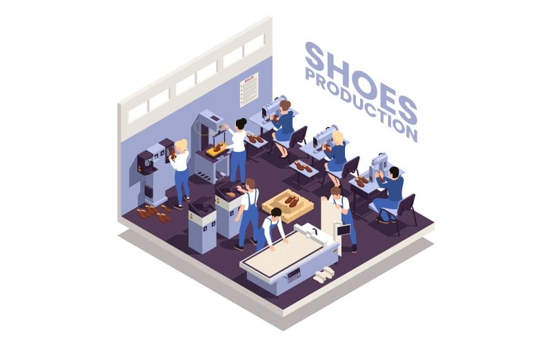 Взуття фабрика взуття виробництва ізометричної 2 Векторні ілюстрації концепції