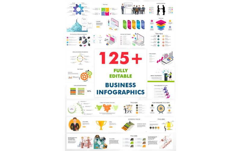 125+ bewerkbare zakelijke PowerPoint-presentatiesjablonen Infographics-bundel