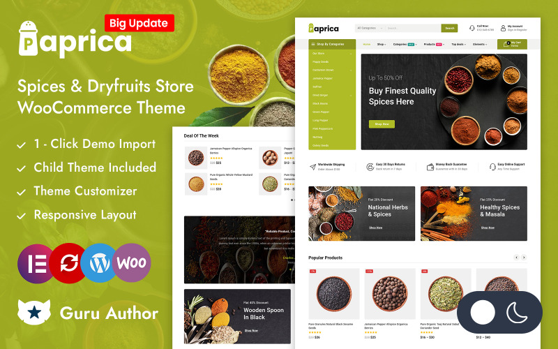 Paprica — продовольственный магазин специй и сухофруктов Адаптивная тема Elementor WooCommerce