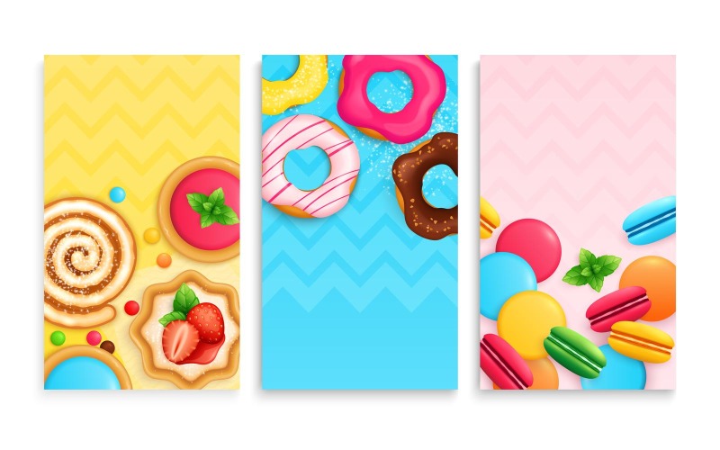 Десерти солодощі плоскі картки Векторні ілюстрації концепції