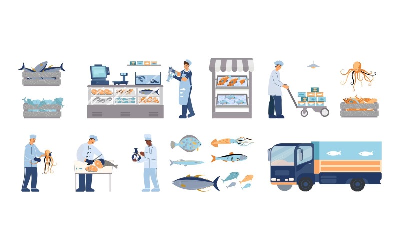 Meeresfrüchte-Markt-Laden-gesetztes flaches Vektor-Illustrations-Konzept