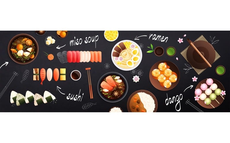 Traditional Japanese Food Cuisine Flat Background Vector Illustration ...
